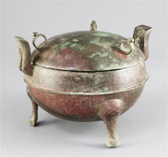 A Chinese bronze ritual food vessel and cover, ding, probably Warring States period, width 21cm height 15cm